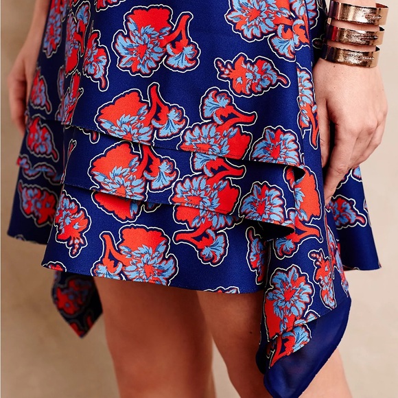 Anthropologie Peter Som Sintra Blue Red Floral Tiered Asymmetrical Hem Dress 12 - Picture 2 of 14